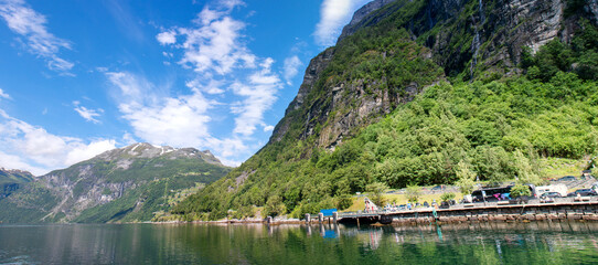 Fototapeta na wymiar Landscape view near Geiranger from harbor Møre og Romsdal at Geirangerfjorden in Norway (Norwegen, Norge or Noreg)