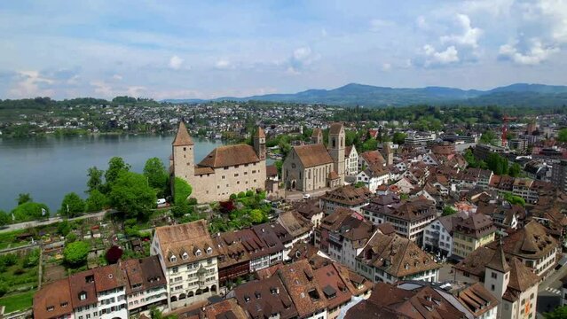 Rapperswil - Jona - scenic medieval town and castle in lake Zurich, aerial drone viedeo. Switzerland travel and landmarks
