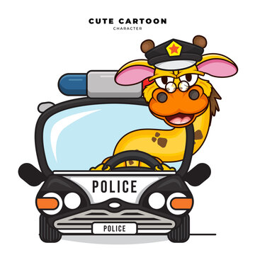 Cute cartoon character of giraffe police driving police car