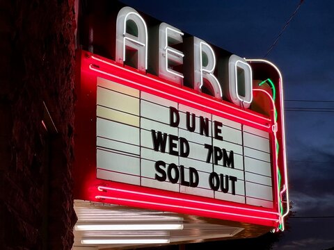 SANTA MONICA, CA, MAR 2022: Illuminated Marquee Showing Sold-out Screening Of Denis Villeneuve's Dune Movie, Part One, At The Aero Theater