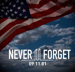 Text Never Forget 9.11 with United States flag