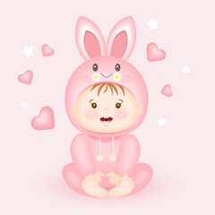 Funny child, little girl in a rabbit costume, beautiful postcard, cover, background, invitation