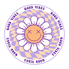 Retro groovy daisy with smile flowers sticker and quote good vibes on 70s style with checkered background. Vector doodle illustration. Design for t shirt, card, flyer, banner, pin