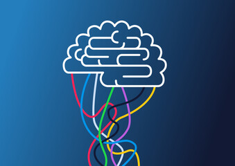 Vector illustration of a brain symbol with connected strings. Concept for artificial intelligence AI, brain internet interface.