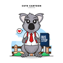 Cute cartoon character of koala is waiting bus go to school