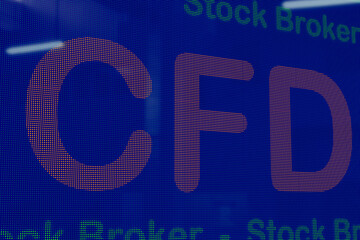 CFD (contract for difference) Broker. CFD symbol in red on the LED screen. Stock Exchange, currency trading, online trading and broker concept. 3D illustration