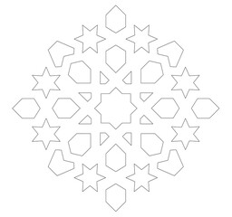 2D CAD drawing of Islamic geometric pattern. Islamic patterns use elements of geometry that are repeated in their designs. The pattern is drawn in black and white. 