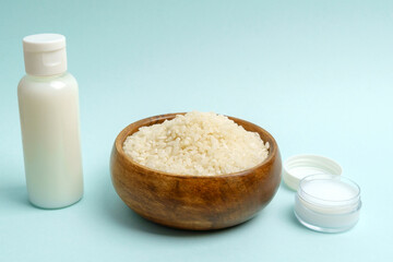Fermented beauty products with, rice. Natural cosmetics for skin and hair care. Copy space
