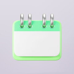 3d green calendar icon on gray background. Render of daily birthday schedule planner, valentine's or wedding day. Calendar events plan, work planning concept. 3d cartoon simple vector illustration