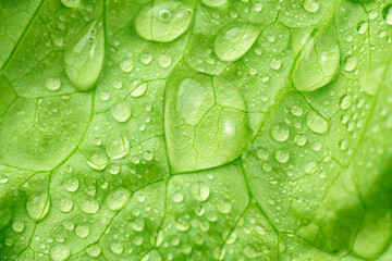 Lettuce leaves texture with morning dew drops. Selective focus. concept of natural products