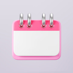 3d pink calendar icon isolated. Render of daily wedding event schedule planner, valentine's day, birthday. Menstrual calendar for control women cycle. 3d cartoon simple vector illustration