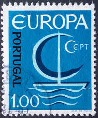 PORTUGAL - CIRCA 1966: a postage stamp from PORTUGAL , showing a boat with sails and waves and graphics with the letters CEPT formed. Text : EUROPE. Circa 1966