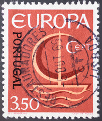 PORTUGAL - CIRCA 1966: a postage stamp from PORTUGAL , showing a boat with sails and waves and graphics with the letters CEPT formed. Text : EUROPE. Circa 1966
