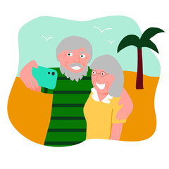 Old couple makes selfie on vacation, tropical background, vector