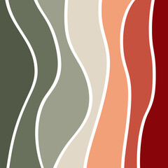 Abstract retro style illustration of colorful (green, red, salmon color, orange, grey, light green) waves decoration on white background