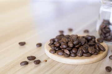 coffee beans on wooden table 