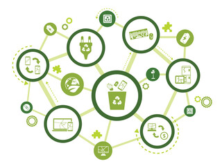 Electronic waste recycling vector illustration. Concept with connected icons related to e-waste, responsible disposal of old electronics, phones and equipment
