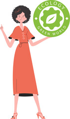 The girl holds the ECO logo in her hands. The character is depicted in full growth. The concept of green energy and ecology. Isolated. trendy style. Vector illustration.