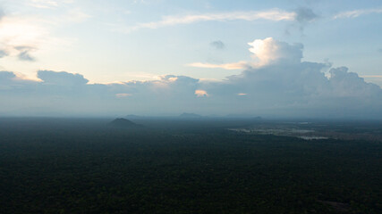 Colorful sunset over jungle and rainforest. Sri Lanka.