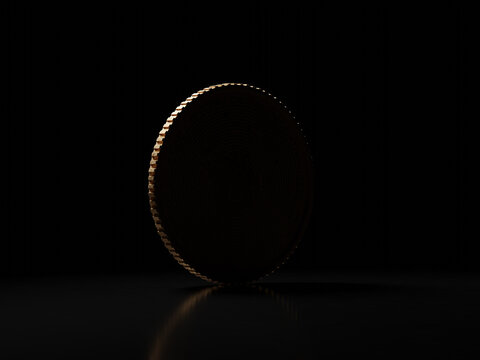 pojedyncza samotna moneta z zaciemnionym symbolem kryptowaluty bitcoin w ciemnym mrocznym otoczeniu, koncepcja artystyczno-biznesowa finansowa