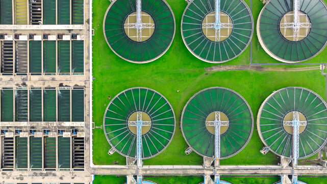 aerial view sewage treatment plant near downtown 