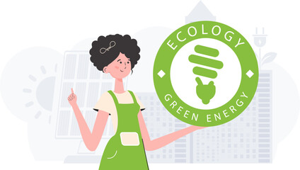 The concept of ecology and green energy. The girl holds the ECO logo in her hands. Vector trend illustration.