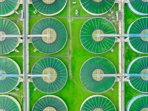 aerial view sewage treatment plant near downtown 