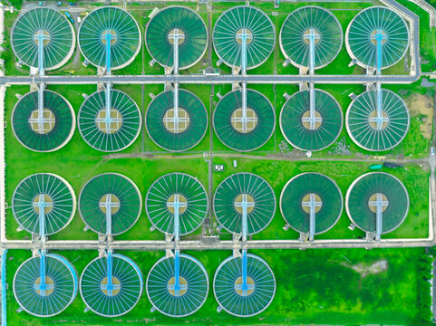 aerial view sewage treatment plant near downtown 