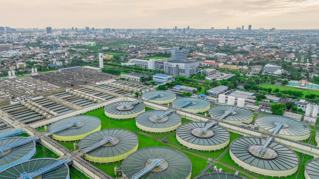 aerial view sewage treatment plant near downtown 