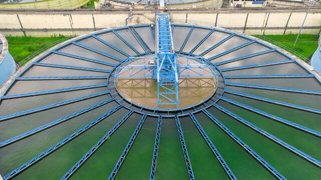 aerial view sewage treatment plant near downtown 