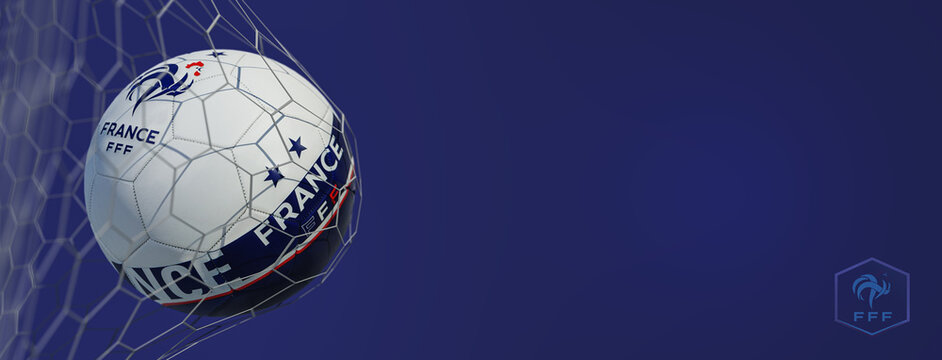 Guilherand-Granges, France - July 22, 2022. National football team of France. Soccer ball in net with official logo of French Football Federation. 3D rendering.