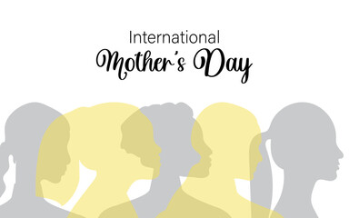 International Mother's Day. Silhouettes of multiethnic women. Horizontal postcard with a white background. 
