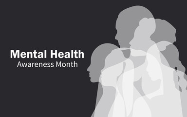 Mental Health Awareness Month. Women of different nationalities and religions together. Horizontal banner on a black background. 