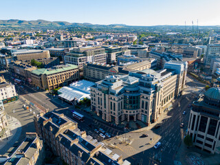 Aerial photo hotels and office buildings Downtown Edinburgh Scotland UK