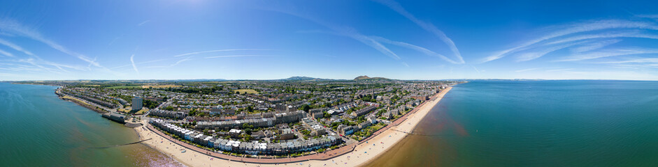 Fototapeta premium Aerial panorama Portobello Beach UK