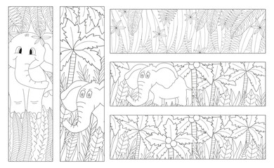 Coloring bookmarks for kids with elephants. Cute animal and palms.