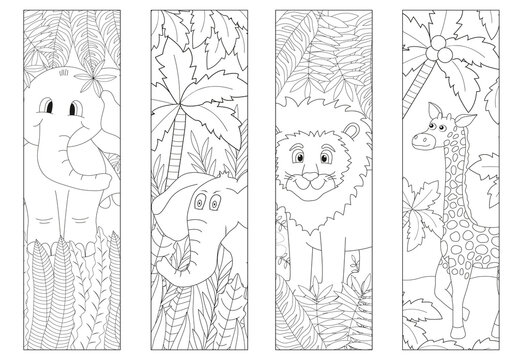 Coloring bookmarks for kids with jungle animals. Cute lion, funny elephants, and giraffe.
