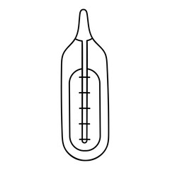 Mercury thermometer Doodle image . Black contour drawing, linear icon of a medical temperature measuring instrument