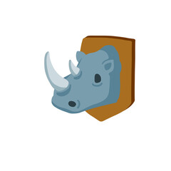 Head of rhinoceros. African rhino. Hunting animal trophy on wooden shield. Decoration for hunter wall. Flat cartoon illustration