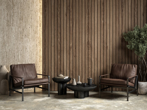 Interior with wood wall panel, armchairs, backlight and decor. 3d render illustration mockup.