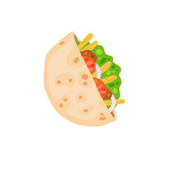 Kebab in pit. Mediterranean Bread with meat and vegetables. Turkish street food. Flat cartoon illustration isolated on white