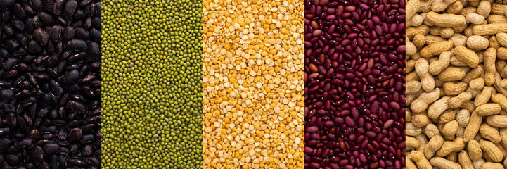 Different types of legumes banner, peanuts and mung beans, yellow peas and red and black beans, top view