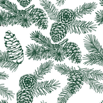 seamless christmas pattern. vintage drawing in sketch style. spruce branches and cones. Christmas tree.