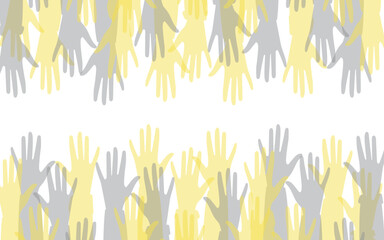 Hands of people with different skin colors, different nationalities and religions. Activists, feminists and other communities fight for equality. White horizontal background with copy space. Vector.
