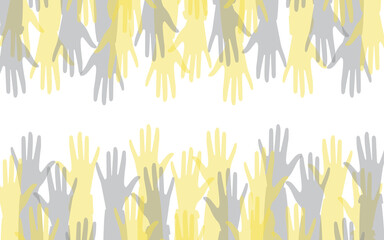 Hands of people with different skin colors, different nationalities and religions. Activists, feminists and other communities fight for equality. White horizontal background with copy space. 