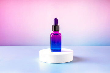  bottle of essential oil on a round podium on a color gradient background