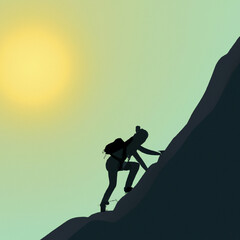 silhouette of a woman climbing a mountain