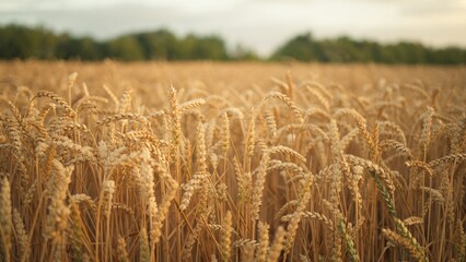 Ripe golden wheat field with beautiful sprinkles at sunrise