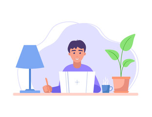 Man working from home. Businessman. Education. Boy studying from home. Freelancer jonb. Vector illustration