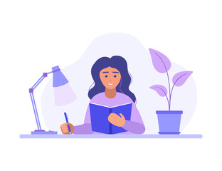Fototapeta na wymiar Young woman studying with book. Girl writing on paper. Studying from home. Vector illustration